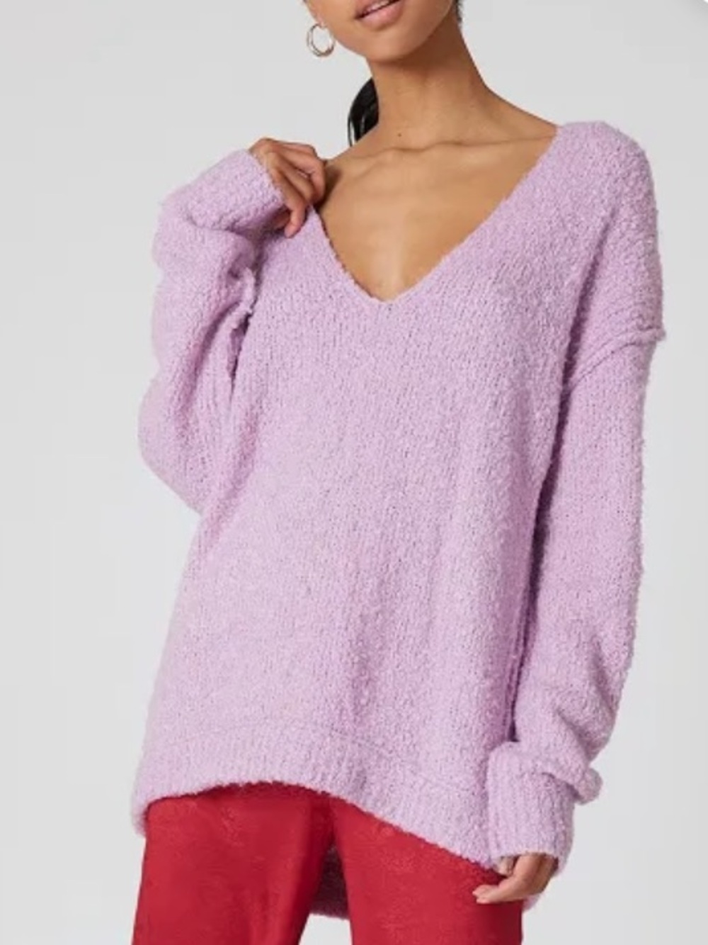 Free People Lofty V-Neck Boucle-Knit Oversized Sweater - size XSmall